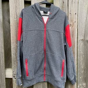 Retro Grey Skater zip up Hooded Sweatshirt Padded elbows red accents READ
